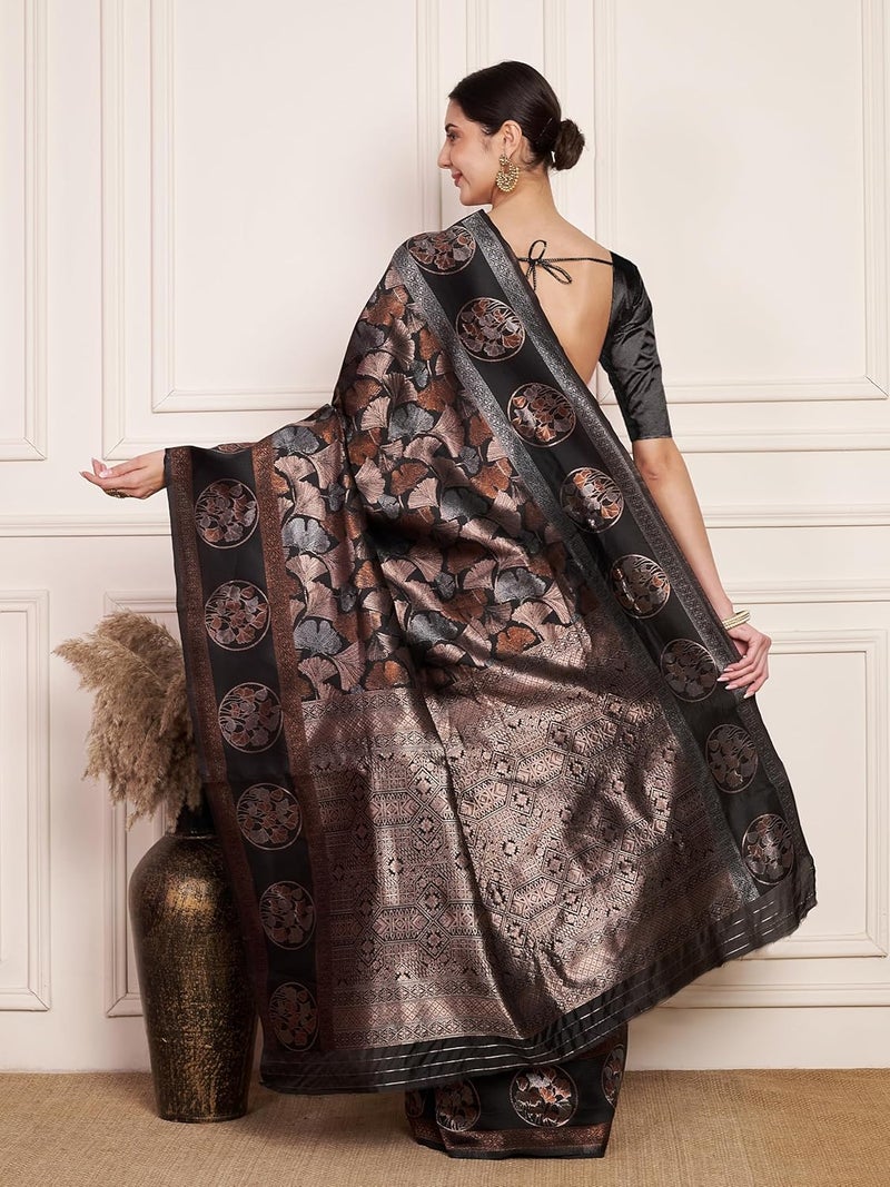 Sidhidata Women's Black Jacquard Kanjeevaram Banarasi Silk Saree with Zari Woven Floral Design and Unstitched Blouse Piece - Image 4