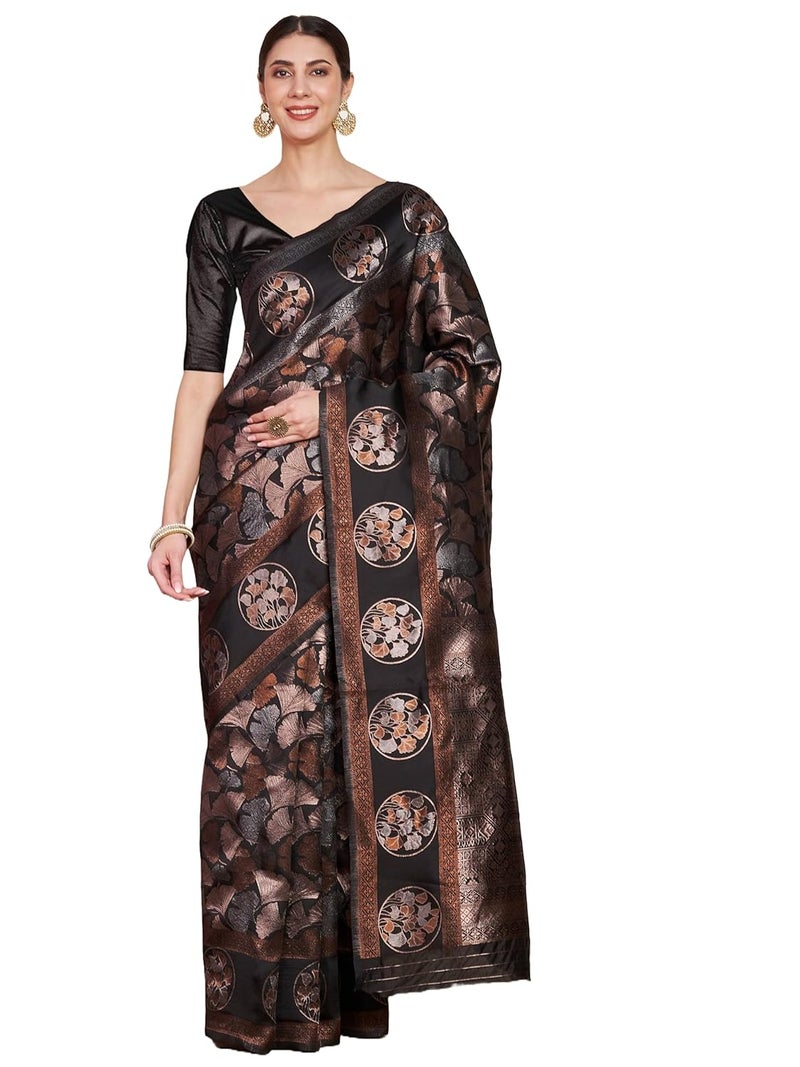 Sidhidata Women's Black Jacquard Kanjeevaram Banarasi Silk Saree with Zari Woven Floral Design and Unstitched Blouse Piece - Image 1