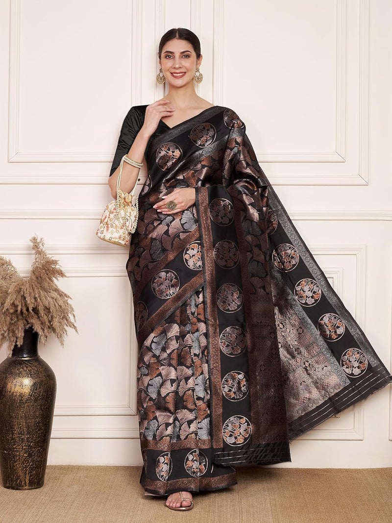 Sidhidata Women's Black Jacquard Kanjeevaram Banarasi Silk Saree with Zari Woven Floral Design and Unstitched Blouse Piece - Image 5