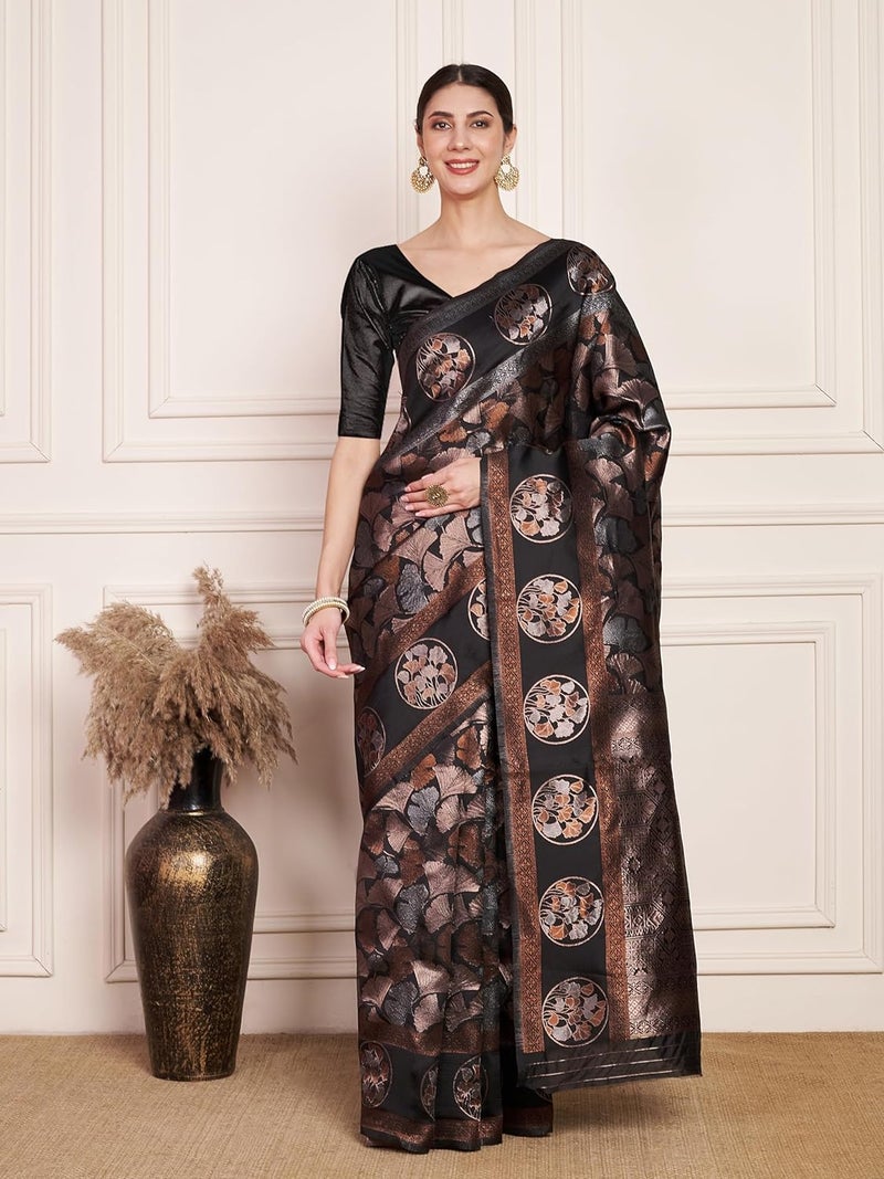 Sidhidata Women's Black Jacquard Kanjeevaram Banarasi Silk Saree with Zari Woven Floral Design and Unstitched Blouse Piece - Image 2