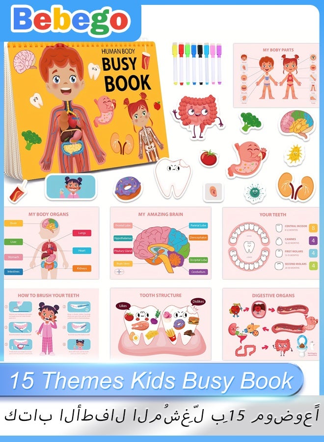 BEBEGO 15 Themes Kids Busy Book Set, Educational Preschool Learning Quiet Book, Human Body Structure Cognitive Development, Includes Storage Bag, 8 Brush Markers, 1 Book, 15 Theme Packs & Stickers, Paper Material, No Battery Required - Image 1