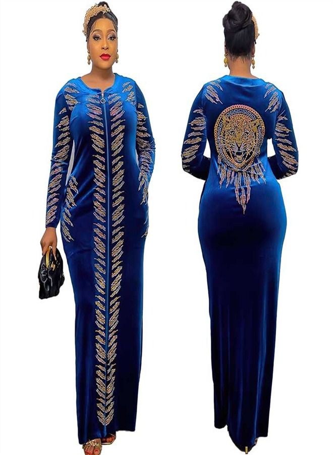 Loquat Women's Fashionable Round Neck High Waist Dress Abaya Blue 