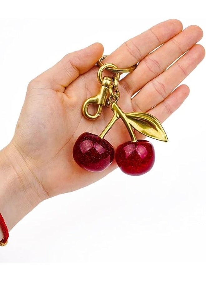 تعليقة حقيبة على شكل كرز مع حلقة مفاتيح ومشبك - إكسسوار لامع من الراتنج والمعدن للمحافظ والحقائب - Image 5