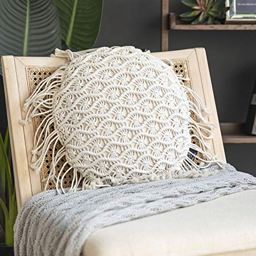 Phantoscope 100 Cotton Handmade Crochet Woven Boho Throw Pillow with Tassel Cute Farmhouse Pillow Insert Included Lumbar Small Decorative Cushion for Couch Sofa Off White16 inches Round