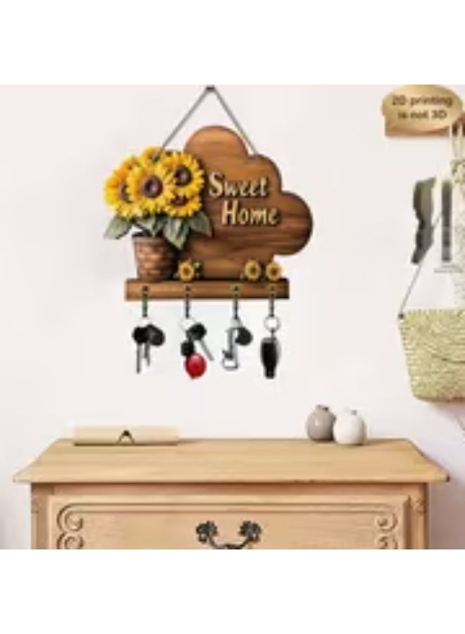 erorex A 2D Flat Wall-Mounted Artificial Wood Piece, a Sweet Home Wooden Key Holder Rack with Four Metal Hooks Featuring a Sunflower Floral Design. This Wooden Key Wall Rack Is Perfect for Decorating Homes, Porches, Rooms, And Garages, Providing Storage for Keys And Accessories Without The Need for Power, Utility Hooks - Image 4