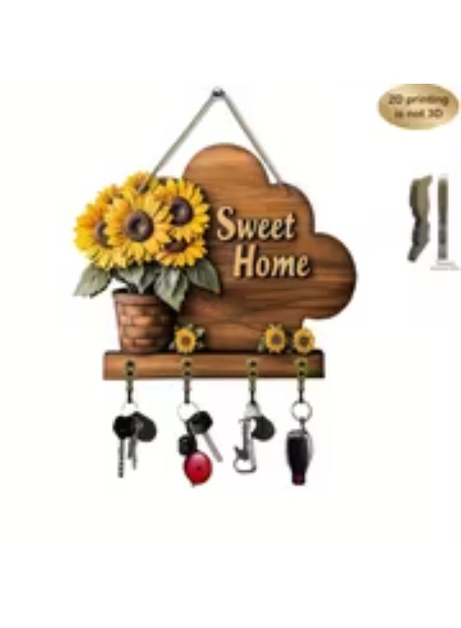 erorex A 2D Flat Wall-Mounted Artificial Wood Piece, a Sweet Home Wooden Key Holder Rack with Four Metal Hooks Featuring a Sunflower Floral Design. This Wooden Key Wall Rack Is Perfect for Decorating Homes, Porches, Rooms, And Garages, Providing Storage for Keys And Accessories Without The Need for Power, Utility Hooks - Image 2