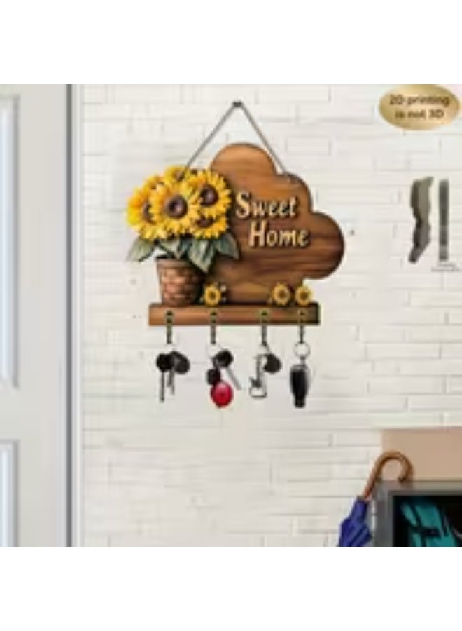 erorex A 2D Flat Wall-Mounted Artificial Wood Piece, a Sweet Home Wooden Key Holder Rack with Four Metal Hooks Featuring a Sunflower Floral Design. This Wooden Key Wall Rack Is Perfect for Decorating Homes, Porches, Rooms, And Garages, Providing Storage for Keys And Accessories Without The Need for Power, Utility Hooks - Image 3