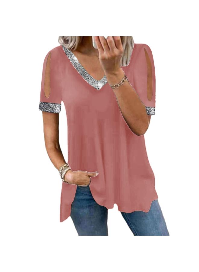 Independent Station European And American Spring And Summer New Off-shoulder Fashion Solid Color Sequin Women's T-shirt Top