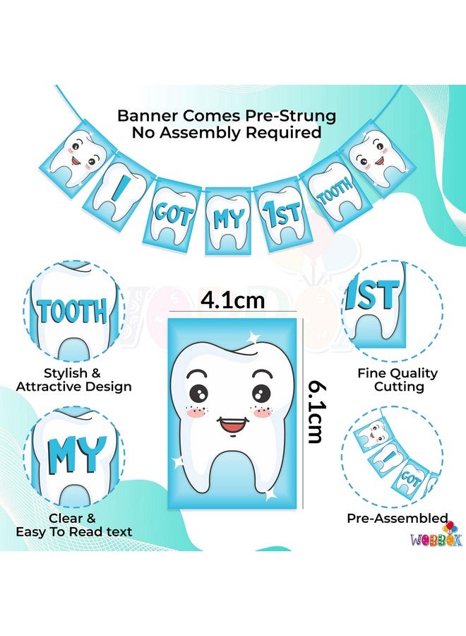 Wobbox I Got My 1st Tooth Bunting Banner, Blue Colour Stylish Font, First Tooth Decoration, Happy Birthday Decoration - Image 2