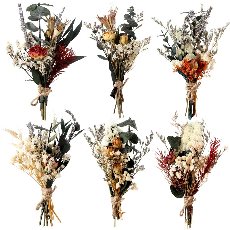 باقة زهور مجففة صغيرة فاباي 6 قطع لحفلات الزفاف بوهو زهور مجففة لاقتراح وصيفات العروس زهور يدوية الصنع لتزيين الفازة والحرف اليدوية وزينة الصور لمراكز الهدايا