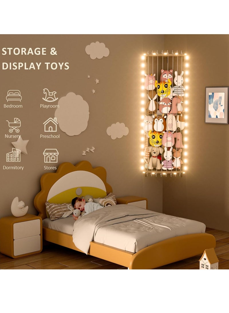 شو وو قفص زاوية خشبي كبير معلق على الحائط لتخزين الحيوانات المحشوة، حامل للحيوانات المحشوة، منظم حائط للألعاب المحشوة للأطفال، رف عرض عائم للمنزل مع إضاءة LED وطول قابل للتعديل - Image 2