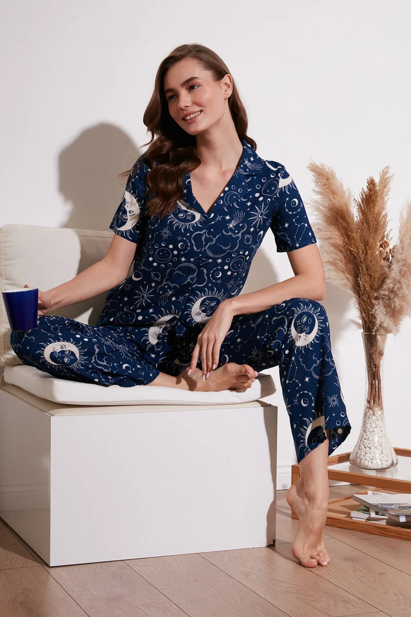 Lela Comfortable Cut Wide Leg Mono Collar Short Sleeve Pajama Set Women's Pajama Set 6110290