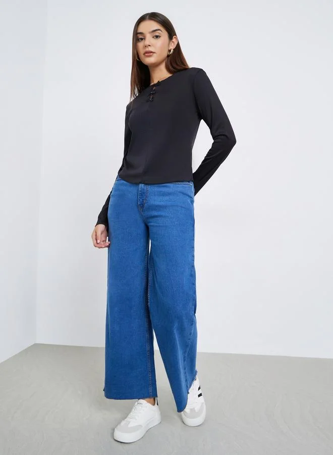 Styli Black Bow Embellished Textured T-Shirt