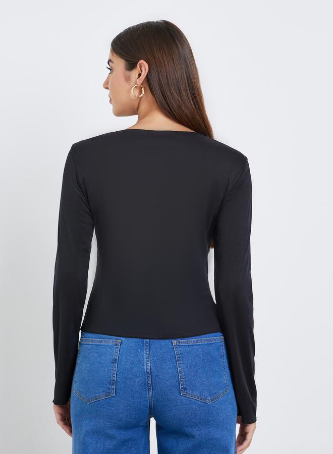 Styli Black Bow Embellished Textured T-Shirt - Image 5