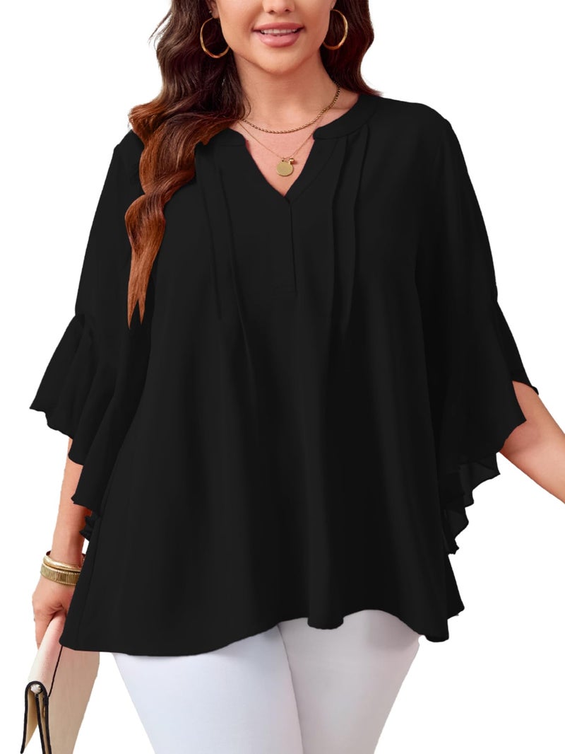 SCOMCHIC Women's Plus Size Blouse 3/4 Sleeve V Neck Chiffon Dressy Casual Shirts Business Work Office Tunic Tops XL-5XL Black - Image 1
