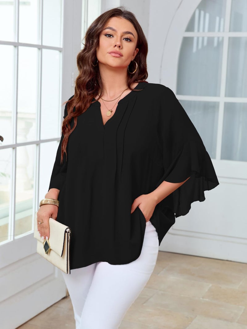 SCOMCHIC Women's Plus Size Blouse 3/4 Sleeve V Neck Chiffon Dressy Casual Shirts Business Work Office Tunic Tops XL-5XL Black - Image 2