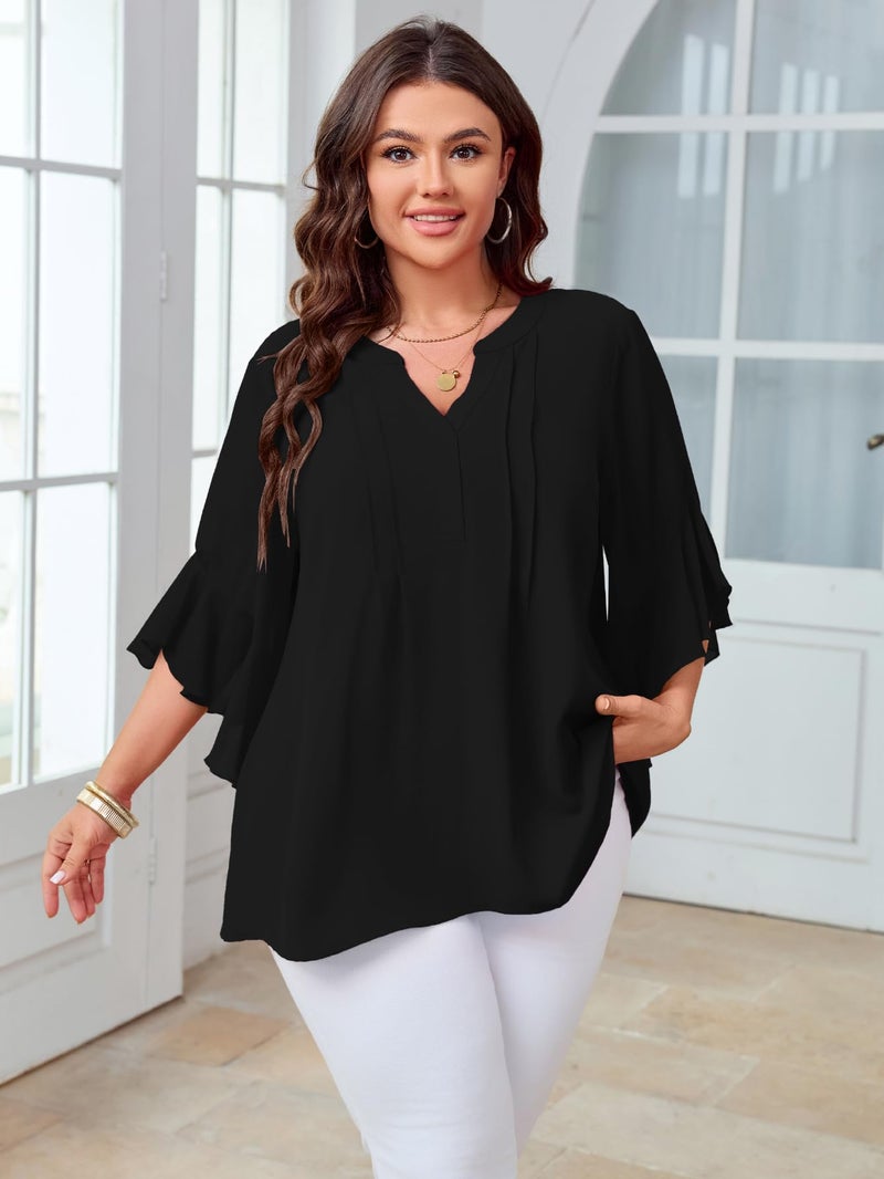 SCOMCHIC Women's Plus Size Blouse 3/4 Sleeve V Neck Chiffon Dressy Casual Shirts Business Work Office Tunic Tops XL-5XL Black - Image 5