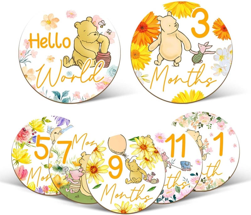 Al Raied ARS® 7 Pcs Winnie Baby Monthly Milestone Circles - Double Sided Wooden Signs with Storage Bags - Image 1