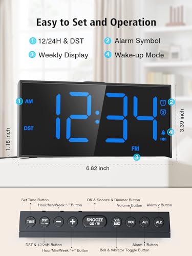 PPLEE Loud Alarm Clock with Bed Shaker,Vibrating Alarm Clock for Heavy Sleepers Hearing-impaired Deaf,2 Alarms 3-level Vibration for Weekday/Everyday Mode,5 Dimmer,5 Volume,Big Number,Power-off Memory - Image 5
