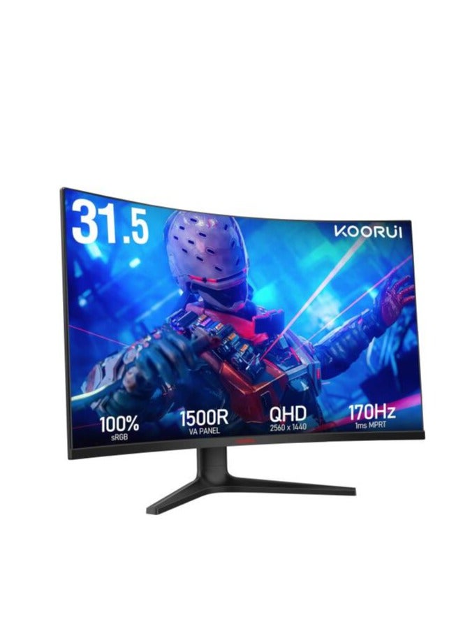 KOORUI 32E6QC Gaming Curved Monitor, 32" VA Display, QHD Resolution, 170Hz Refresh Rate, 1ms (MPRT) Response Time, AdaptiveSync Technology, 1500R Curvature, Black | 32E6QC
