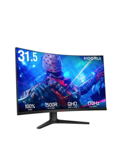 KOORUI 32E6QC Gaming Curved Monitor, 32" VA Display, QHD Resolution, 170Hz Refresh Rate, 1ms (MPRT) Response Time, AdaptiveSync Technology, 1500R Curvature, Black | 32E6QC