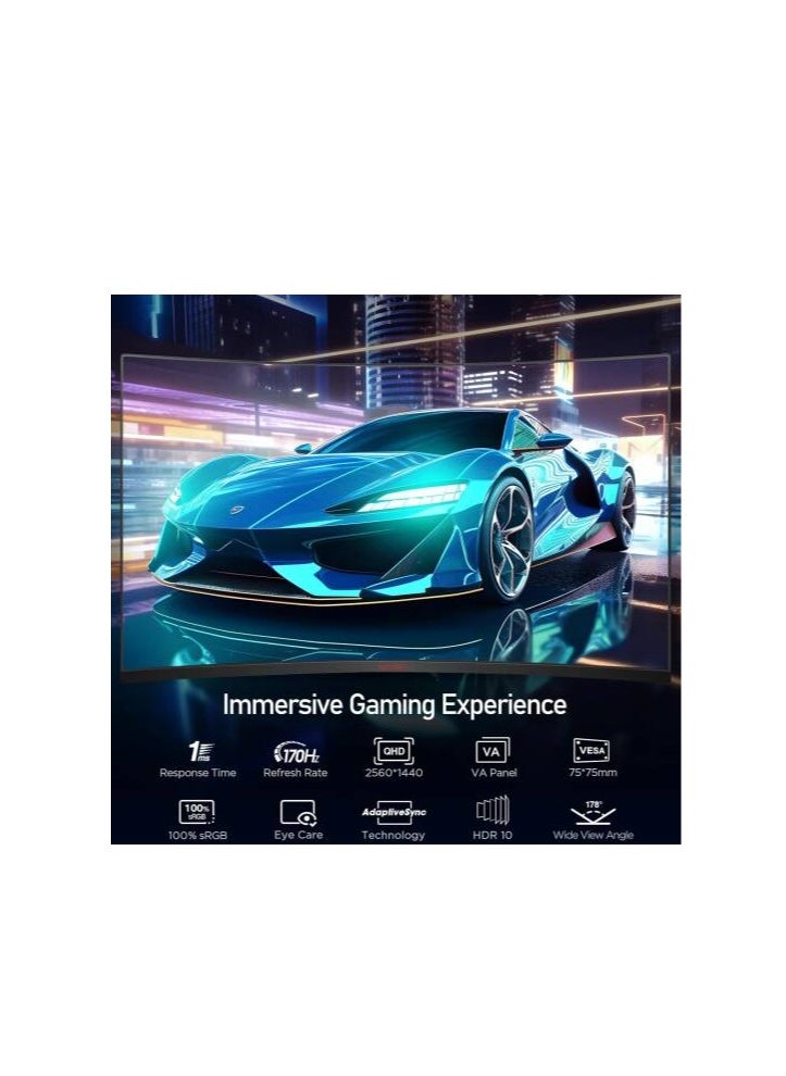 KOORUI - KOORUI 32E6QC Gaming Curved Monitor, 32" VA Display, QHD Resolution, 170Hz Refresh Rate, 1ms (MPRT) Response Time, AdaptiveSync Technology, 1500R Curvature, Black | 32E6QC - Image 1