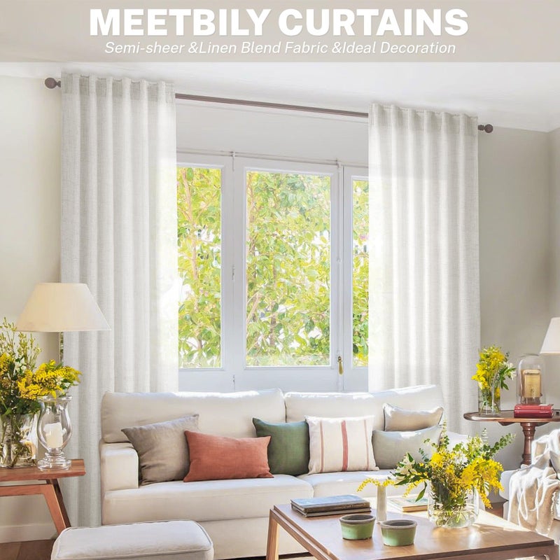MEETBILY 100 Inch Length Curtains 2 Panels Set Back Tab Pocket Light Filtering Linen Semi Sheer Curtains Panels Extra Long Window Curtain Drapes for Living Room Bedroom 50x100 in Long  Ivory/Cream - Image 5