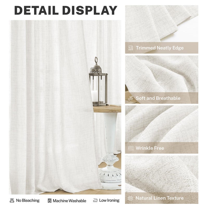 MEETBILY 100 Inch Length Curtains 2 Panels Set Back Tab Pocket Light Filtering Linen Semi Sheer Curtains Panels Extra Long Window Curtain Drapes for Living Room Bedroom 50x100 in Long  Ivory/Cream - Image 4