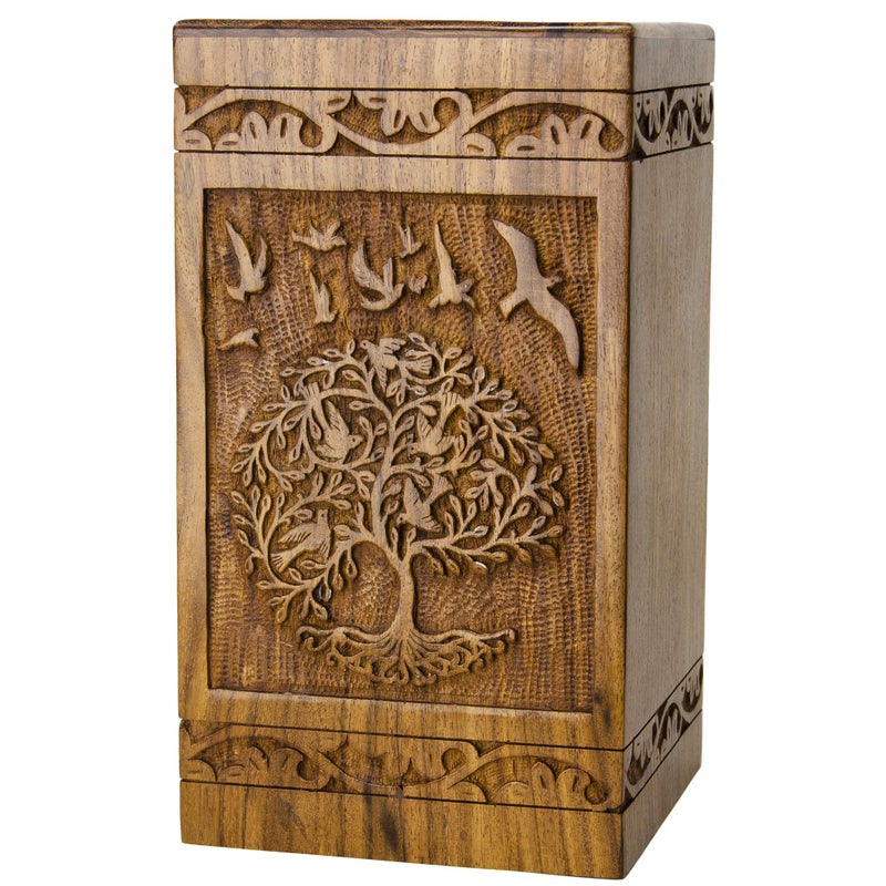 Intaj Handmade Rosewood Urn For Human Ashes | Tree Of Life Wooden Urns Hand-Crafted - Funeral Cremation Urn For Ashes (Bird Tree  Medium - 150 Cu/In) - Image 1