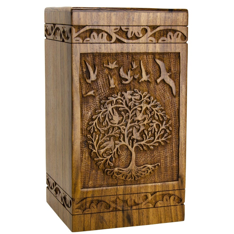 Intaj Handmade Rosewood Urn For Human Ashes | Tree Of Life Wooden Urns Hand-Crafted - Funeral Cremation Urn For Ashes (Bird Tree  Medium - 150 Cu/In) - Image 2