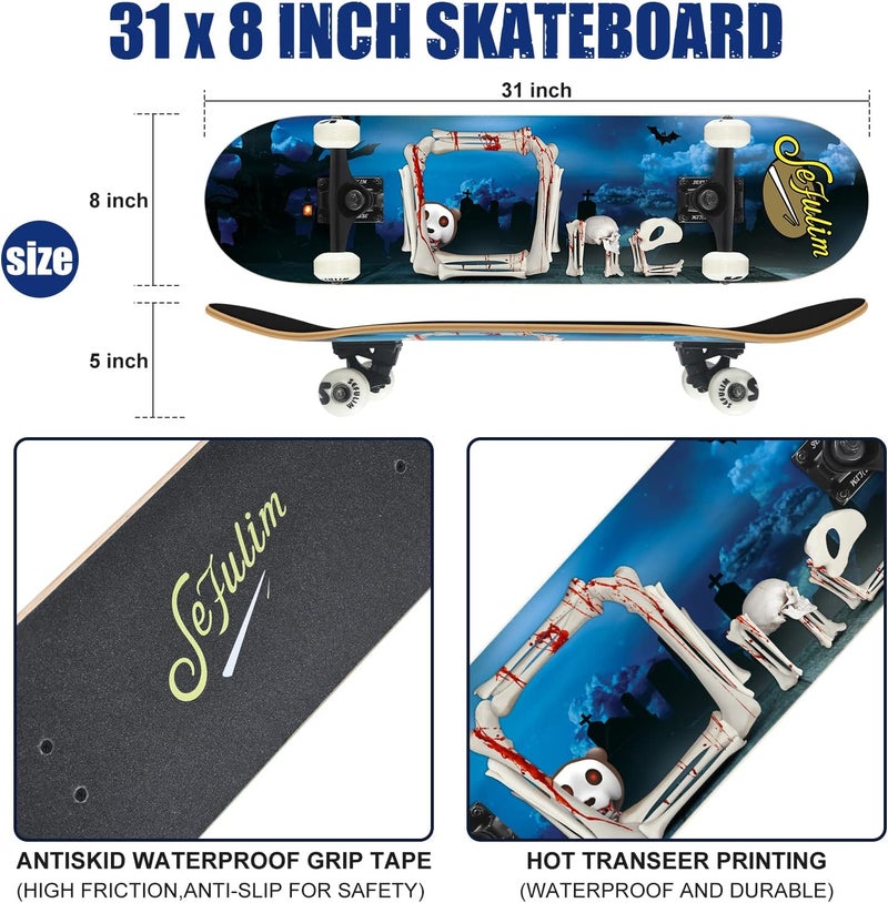 Sefulim 31 x 8 Inch Complete Skateboard 7 Layer Canadian Maple Double Kick Deck Concave Cruiser Trick Skateboard for Boys Girls Teens Adults Beginner - Image 5
