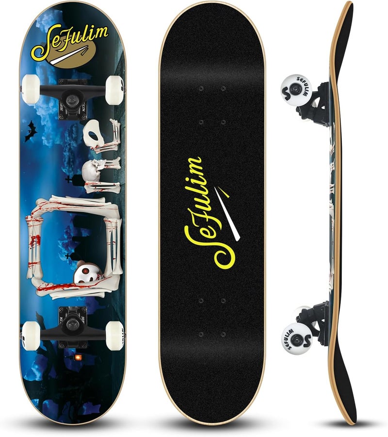 Sefulim 31 x 8 Inch Complete Skateboard 7 Layer Canadian Maple Double Kick Deck Concave Cruiser Trick Skateboard for Boys Girls Teens Adults Beginner - Image 1