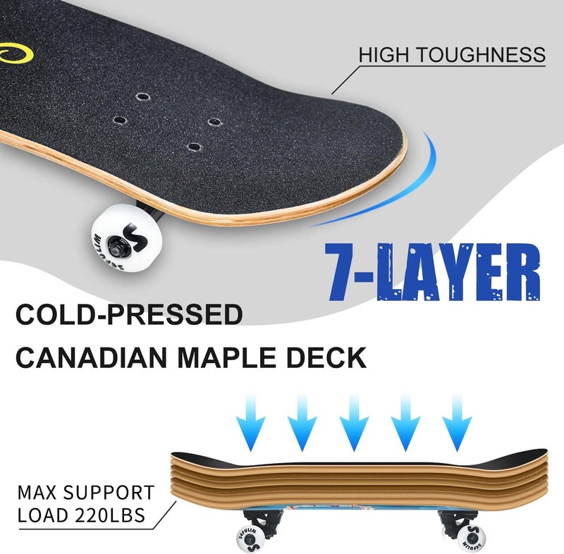 Sefulim 31 x 8 Inch Complete Skateboard 7 Layer Canadian Maple Double Kick Deck Concave Cruiser Trick Skateboard for Boys Girls Teens Adults Beginner - Image 3