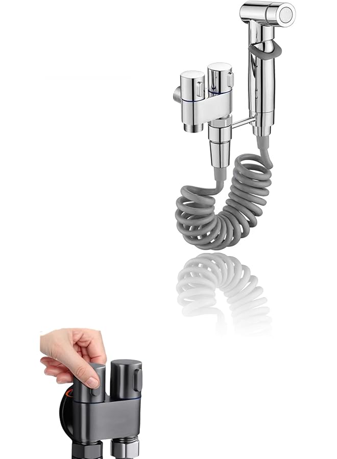 The Bros 1-In-2-Out Dual Control Valve With Pull-Out Sprayer - Dual Control Faucet for Bidet, Washing Machine, and Toilet (Silver) - Image 1