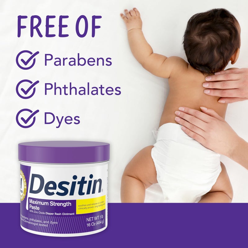 Desitin كريم ديسيتين لعلاج طفح الحفاضات للأطفال، قوة قصوى، 40% أكسيد الزنك للعلاج، التخفيف والوقاية، خالي من المواد المسببة للحساسية، خالي من الفثالات والبارابين، يحمي البشرة لمدة تصل إلى 12 ساعة، 16 أونصة - Image 3