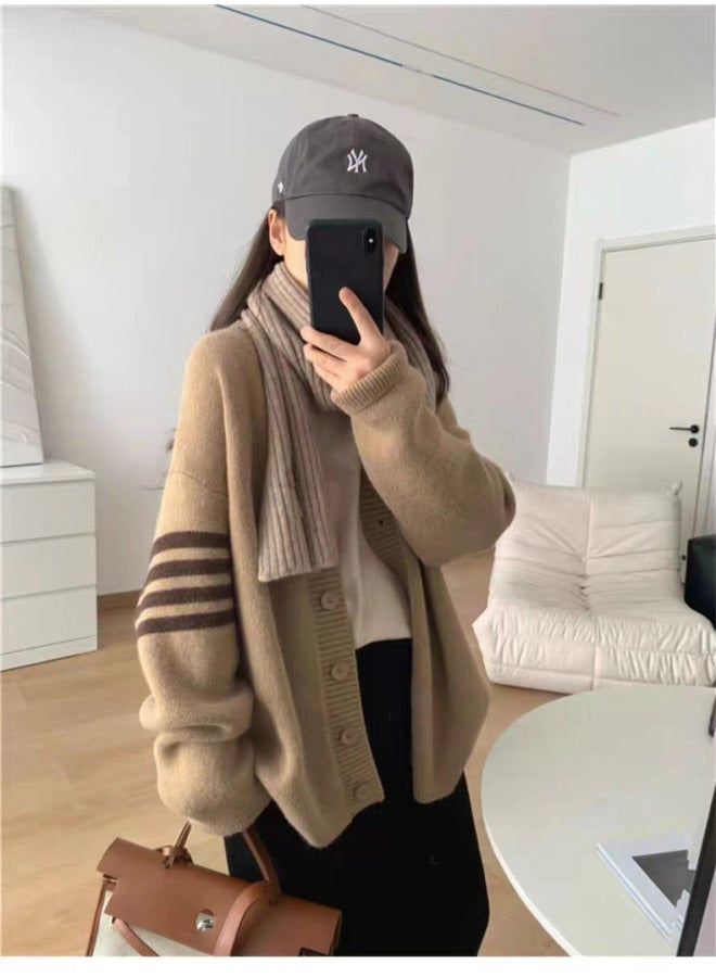 Leyuan Autumn Winter Striped V-neck Academic Fashion Coat Large Size Loose Knit Cardigan Top Long Sleeve Sweater Women - Image 5