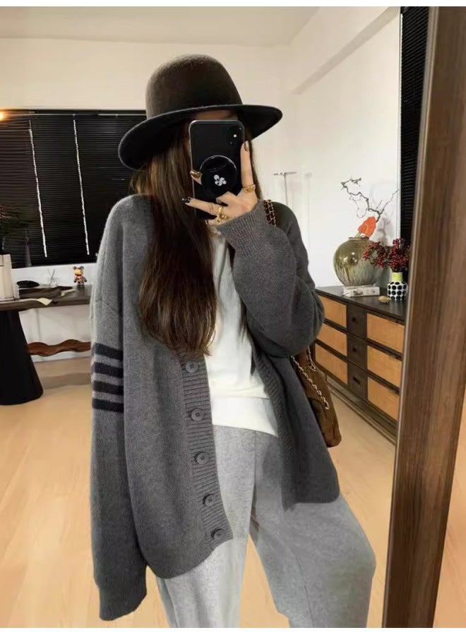 Leyuan Autumn Winter Striped V-neck Academic Fashion Coat Large Size Loose Knit Cardigan Top Long Sleeve Sweater Women - Image 2