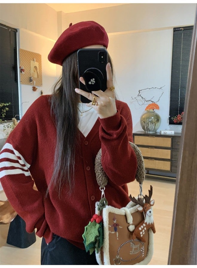 Leyuan Autumn Winter Striped V-neck Academic Fashion Coat Large Size Loose Knit Cardigan Top Long Sleeve Sweater Women - Image 1