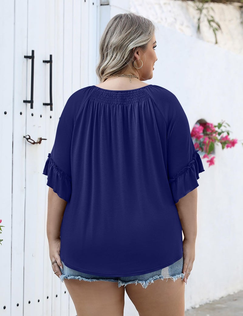 Micoson 3/4 Length Sleeve Womens Tops Plus Size Peasant Tops for Women Boho Blouse Cotton Tops for Women Loose Fit Summer Shirt Dark Blue - Image 2