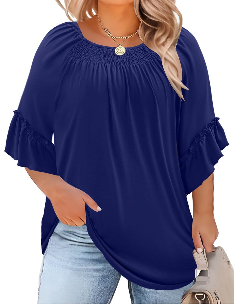Micoson 3/4 Length Sleeve Womens Tops Plus Size Peasant Tops for Women Boho Blouse Cotton Tops for Women Loose Fit Summer Shirt Dark Blue - Image 1