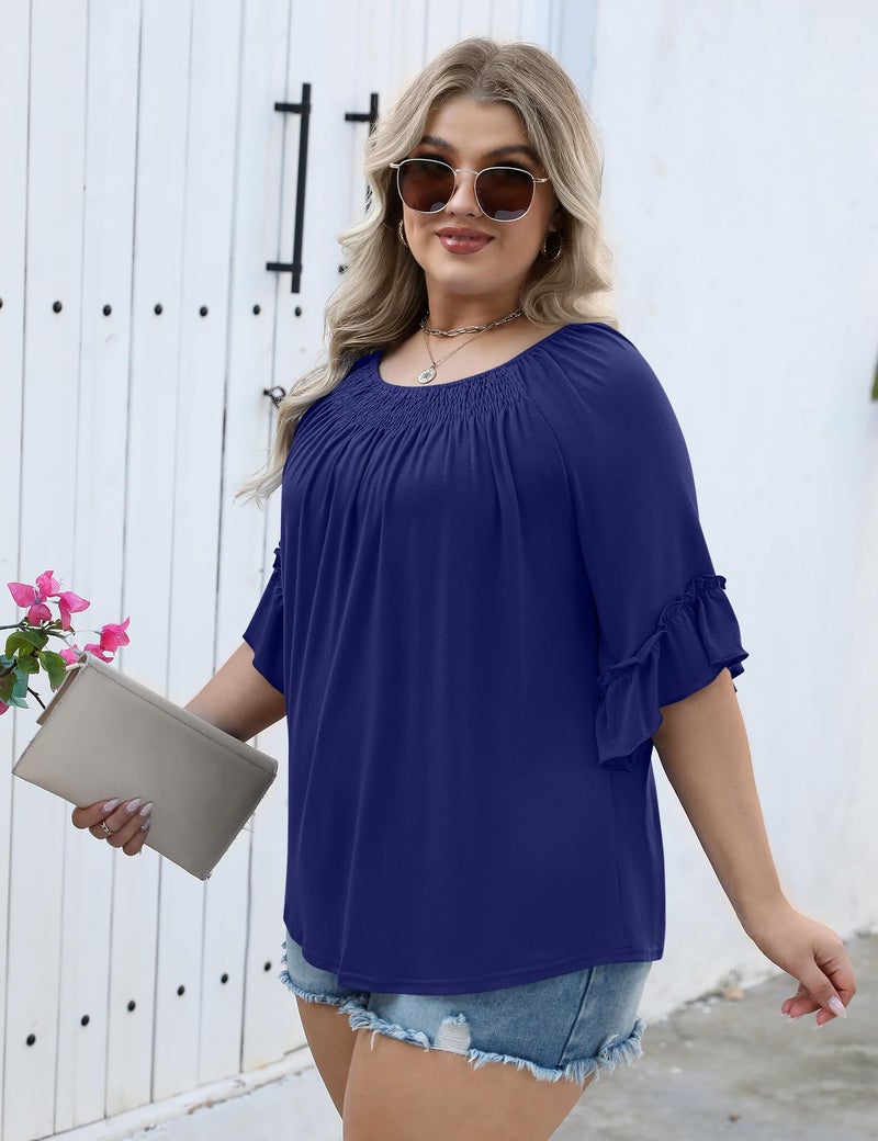 Micoson 3/4 Length Sleeve Womens Tops Plus Size Peasant Tops for Women Boho Blouse Cotton Tops for Women Loose Fit Summer Shirt Dark Blue - Image 4
