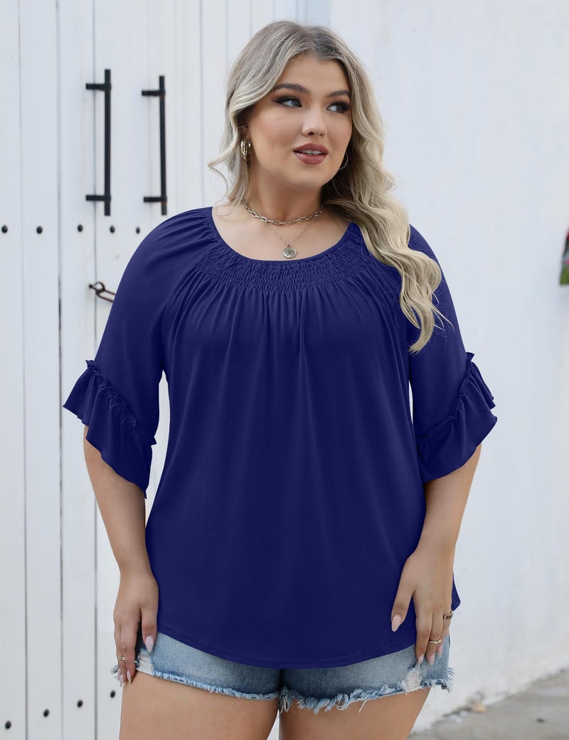 Micoson 3/4 Length Sleeve Womens Tops Plus Size Peasant Tops for Women Boho Blouse Cotton Tops for Women Loose Fit Summer Shirt Dark Blue - Image 5
