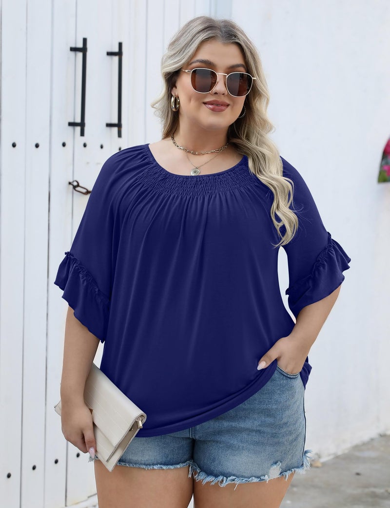 Micoson 3/4 Length Sleeve Womens Tops Plus Size Peasant Tops for Women Boho Blouse Cotton Tops for Women Loose Fit Summer Shirt Dark Blue - Image 3