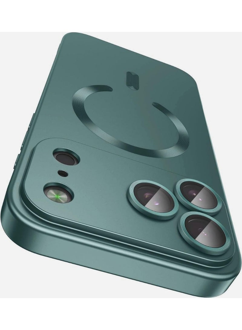 جراب مغناطيسي لهاتف iPhone 17 Pro Max، يأتي مع واقي لعدسة الكاميرا، متوافق مع Magsafe، غطاء هاتف ناعم من مادة TPU للحماية الكاملة (لون أزرق مخضر غير لامع) - Image 1