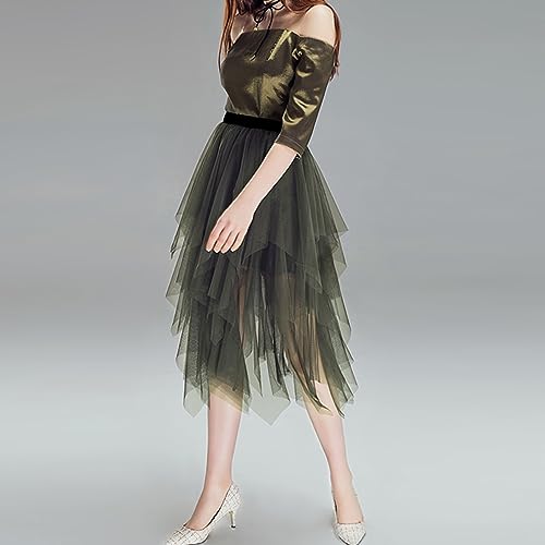 Reaowazo Tulle Skirts for Women Midi Long Fairy Skirt Tutu A-Line Mesh Layered High Elastic Waist Halloween Skirts Army Green One Size - Image 4