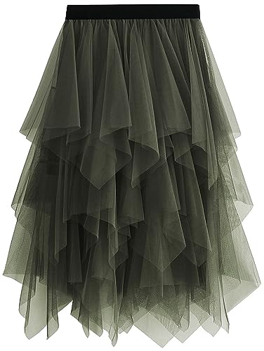 Reaowazo Tulle Skirts for Women Midi Long Fairy Skirt Tutu A-Line Mesh Layered High Elastic Waist Halloween Skirts Army Green One Size - Image 1