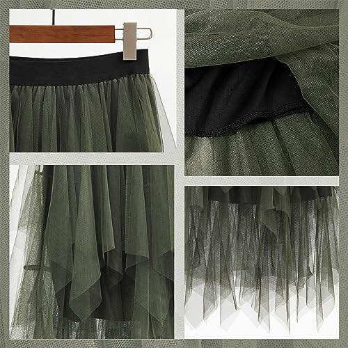 Reaowazo Tulle Skirts for Women Midi Long Fairy Skirt Tutu A-Line Mesh Layered High Elastic Waist Halloween Skirts Army Green One Size - Image 5