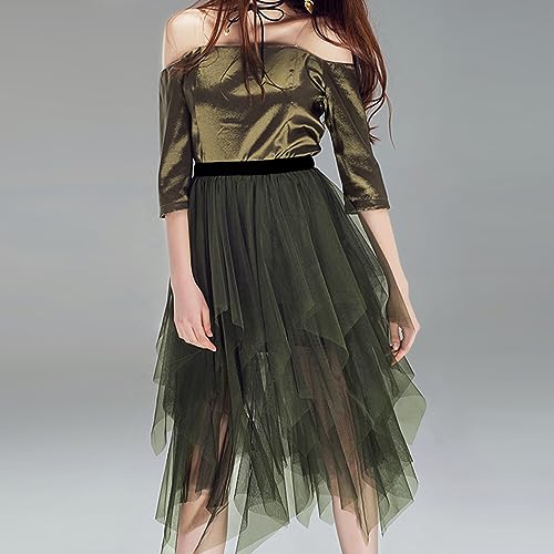 Reaowazo Tulle Skirts for Women Midi Long Fairy Skirt Tutu A-Line Mesh Layered High Elastic Waist Halloween Skirts Army Green One Size - Image 3