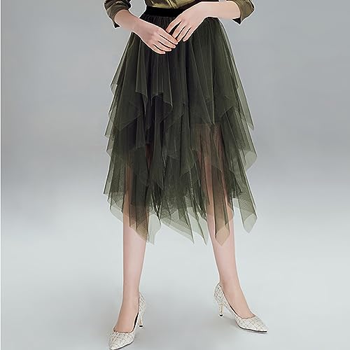 Reaowazo Tulle Skirts for Women Midi Long Fairy Skirt Tutu A-Line Mesh Layered High Elastic Waist Halloween Skirts Army Green One Size - Image 2
