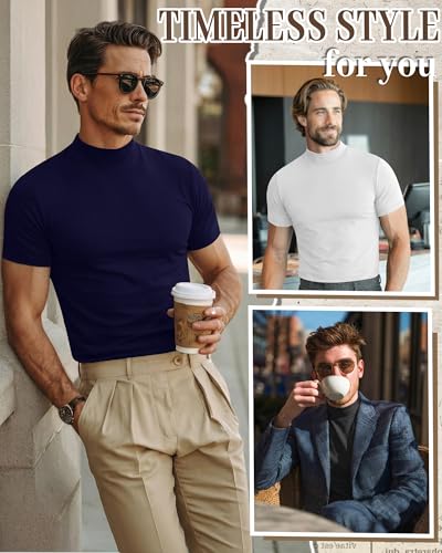 Ficerd 4 Pack Men's Mock Neck T Shirts, Short Sleeve Mock Turtleneck Undershirt Pullover Basic Causal Solid Tee Tops for Men(Black, White, Navy Blue, Light Gray,Medium) - Image 5